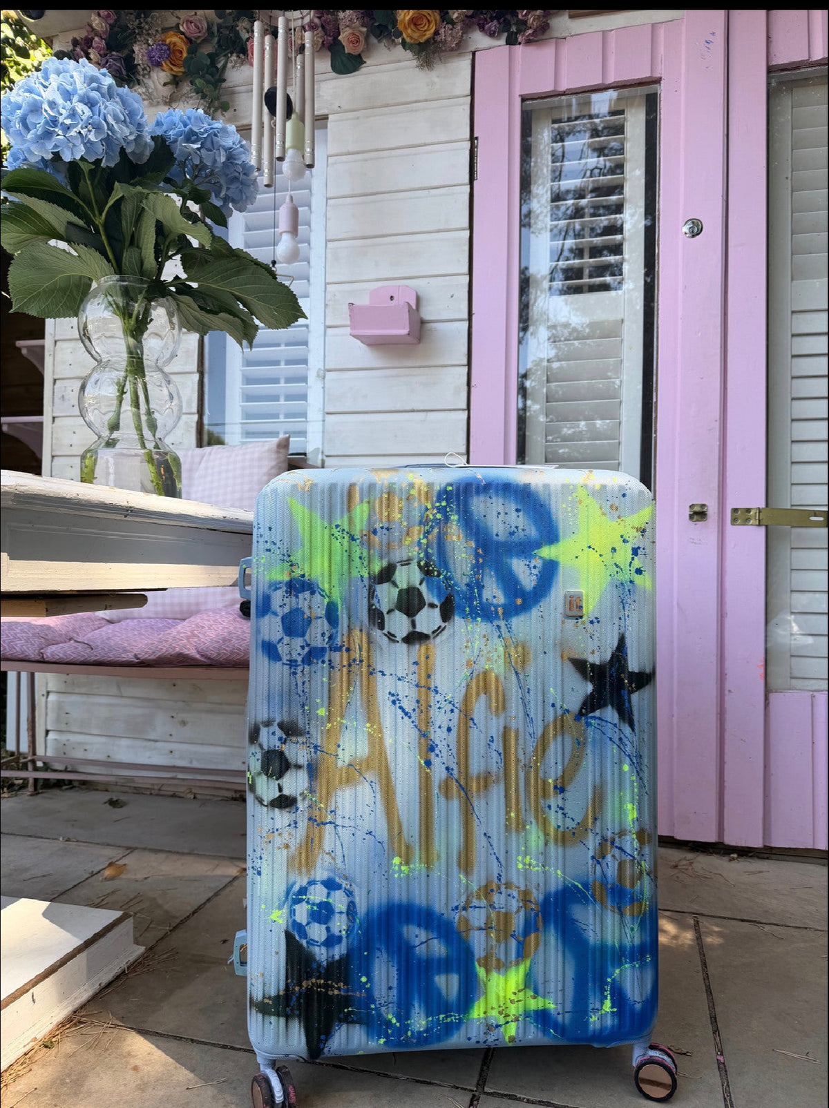 Boys baby blue spray painted Hand luggage case 🩵