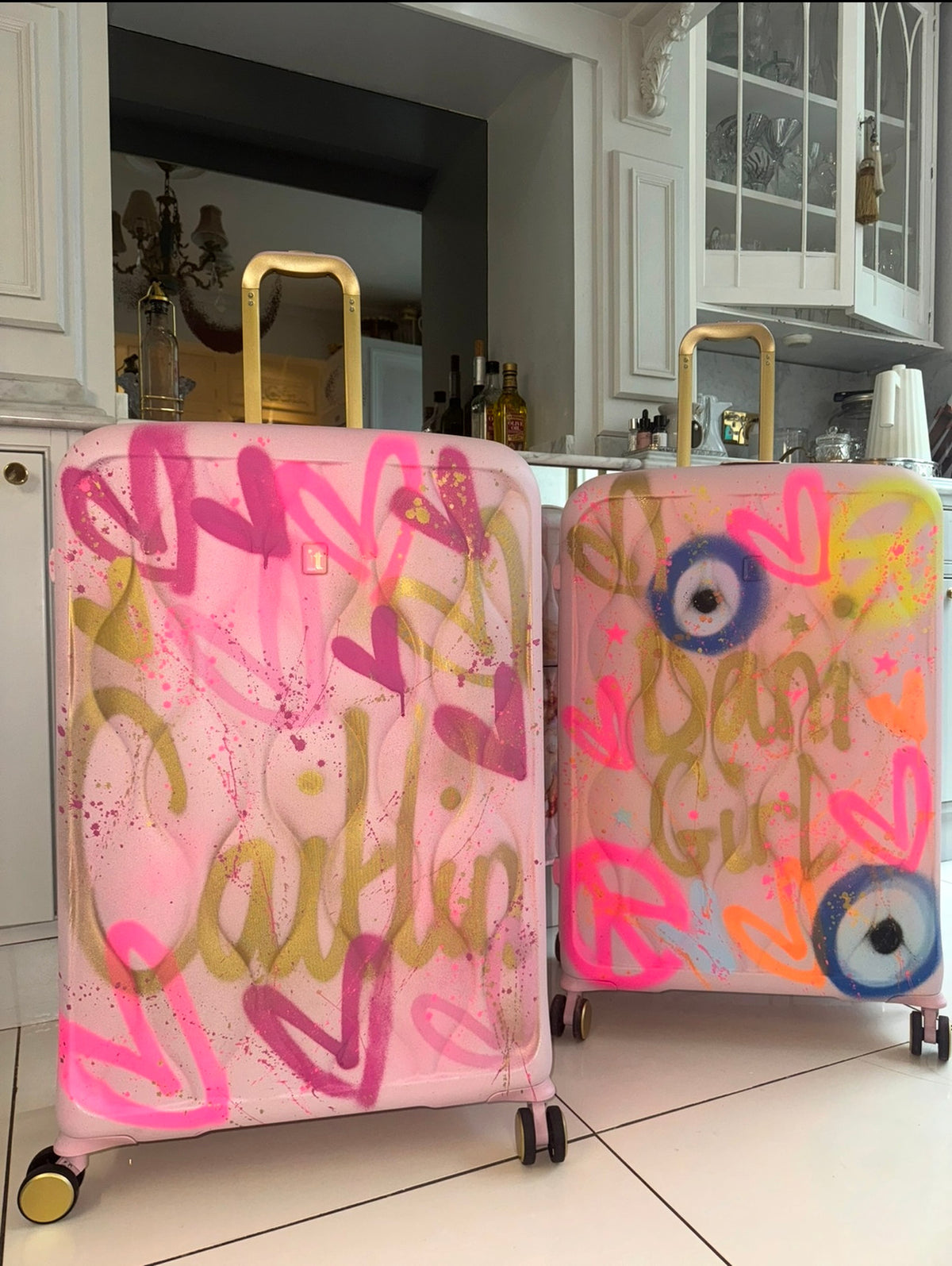 Hand luggage baby pink spray painted suitcase 🩷