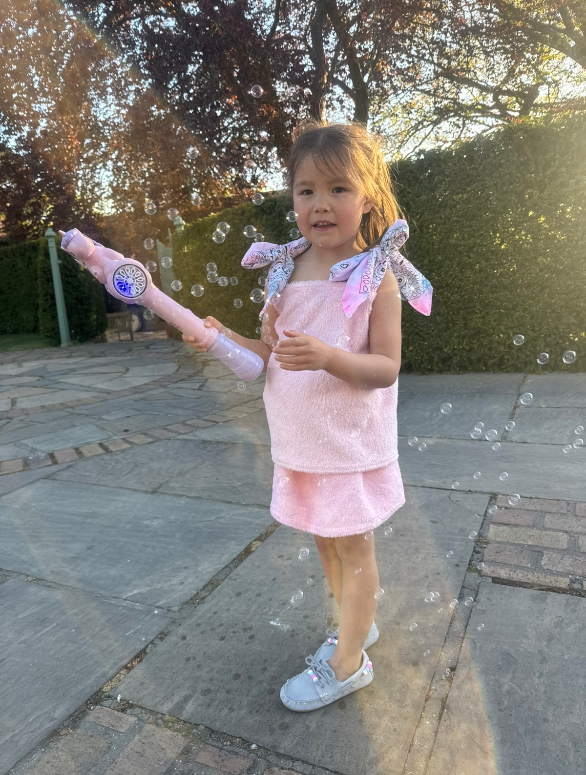 Baby pink children’s towelling skirt set with bandana ties 💘
