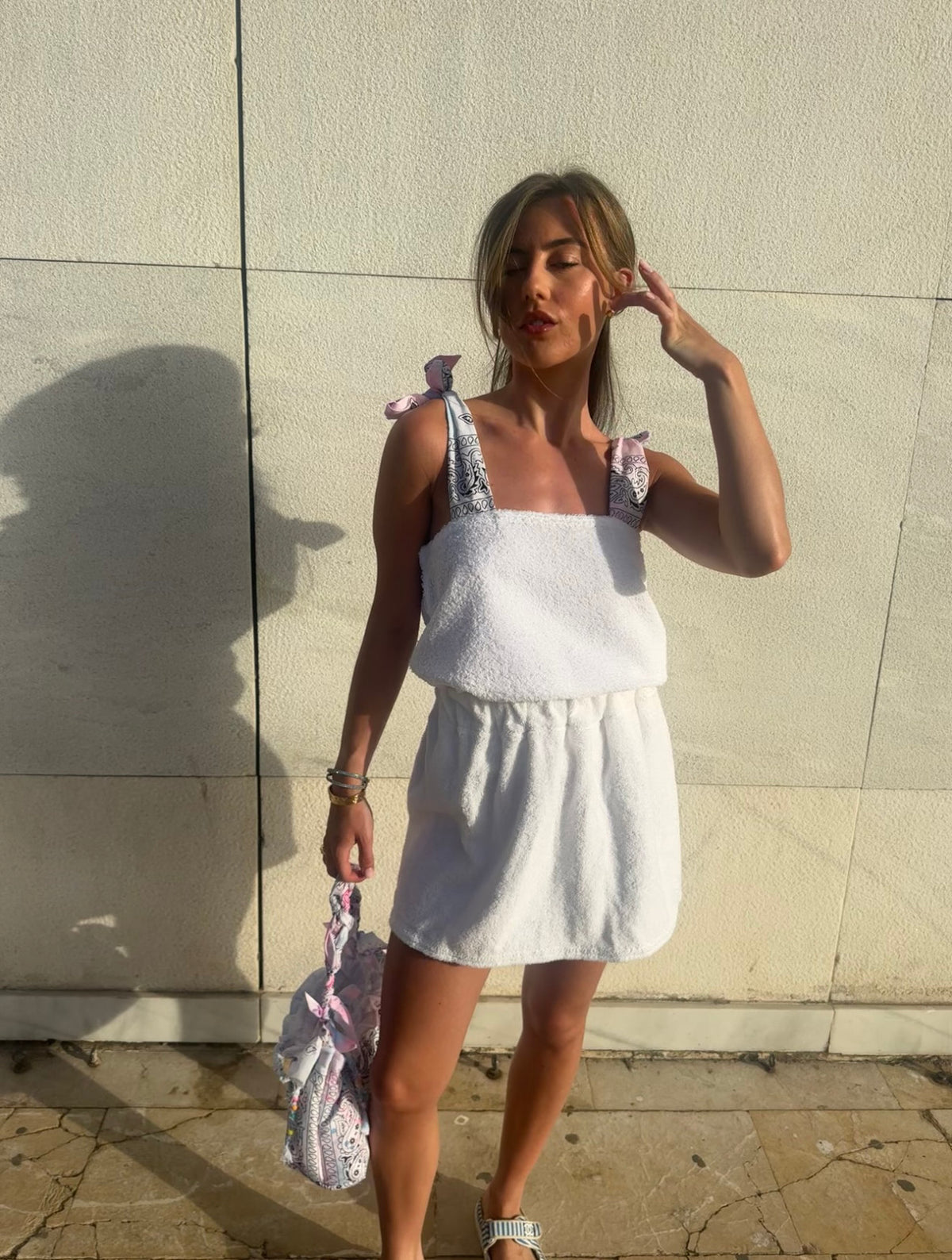 White towelling bandanna tie up skirt set ✨
