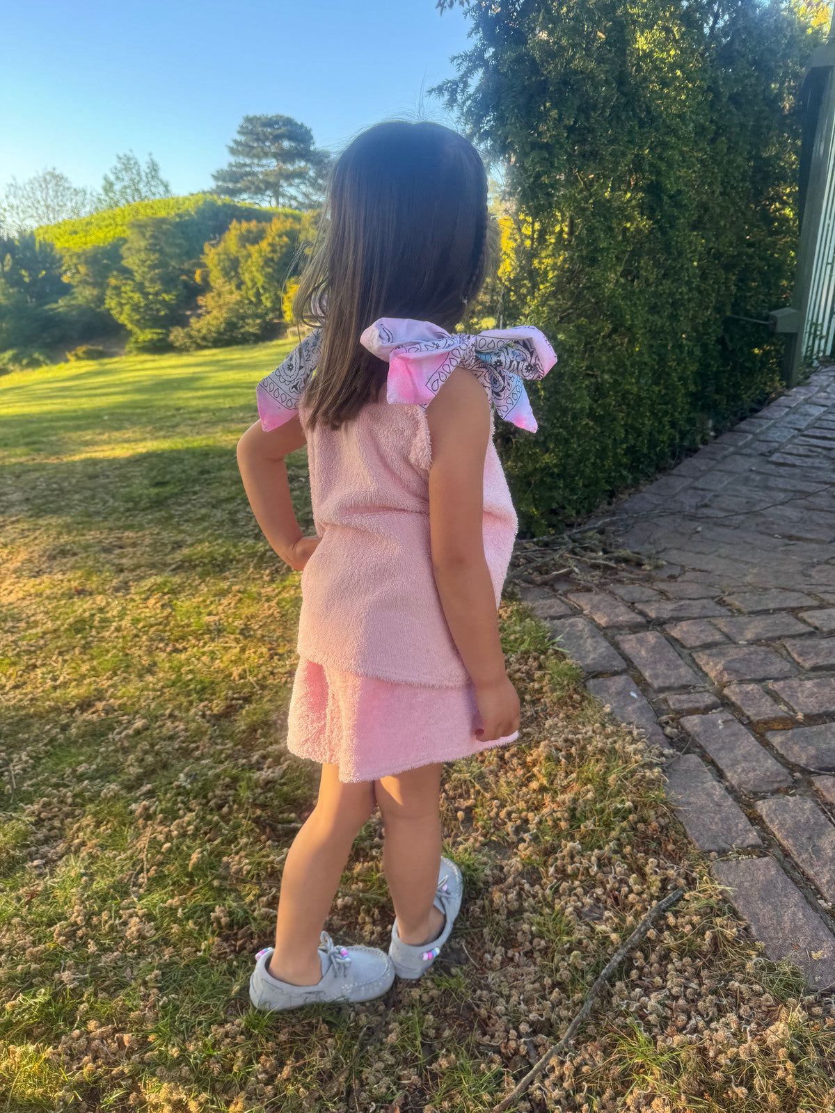 Baby pink children’s towelling skirt set with bandana ties 💘