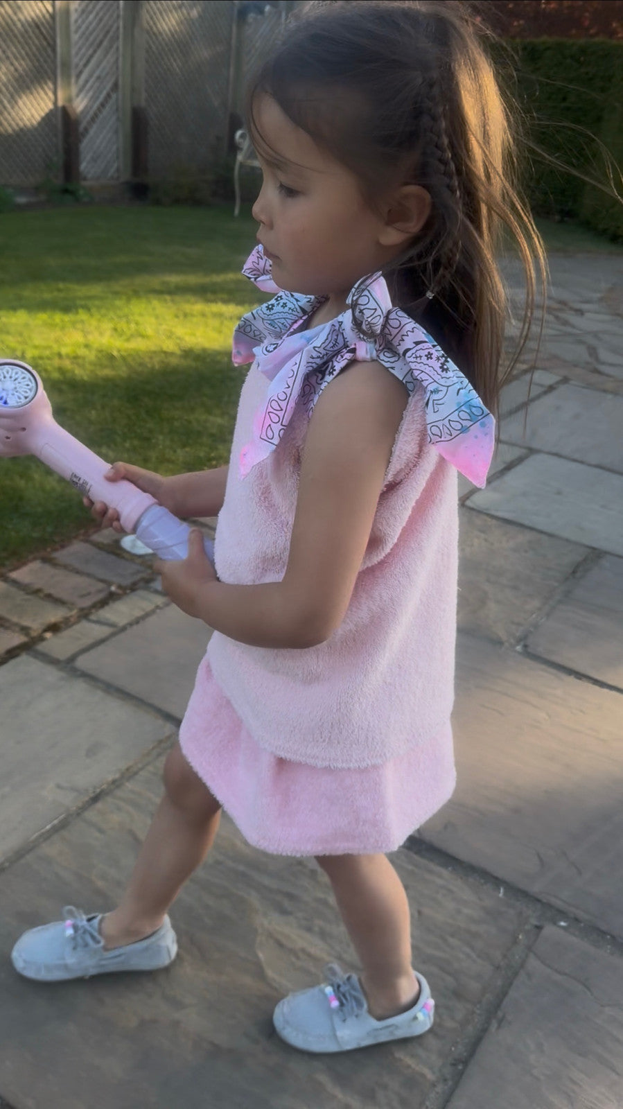 Baby pink children’s towelling skirt set with bandana ties 💘