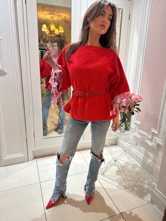 Red towelling beaded blouse ♥️💋