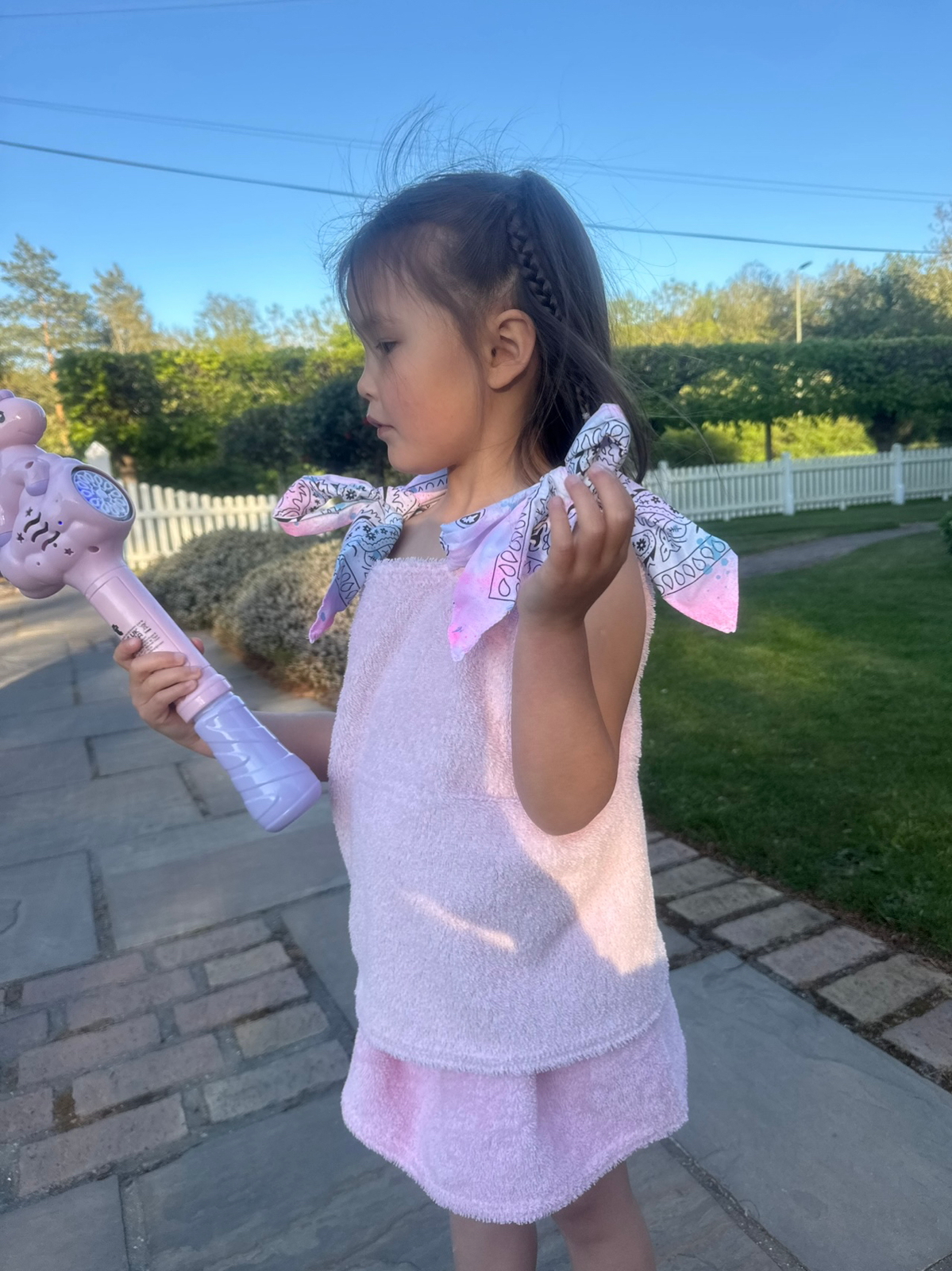 Baby pink children’s towelling skirt set with bandana ties 💘
