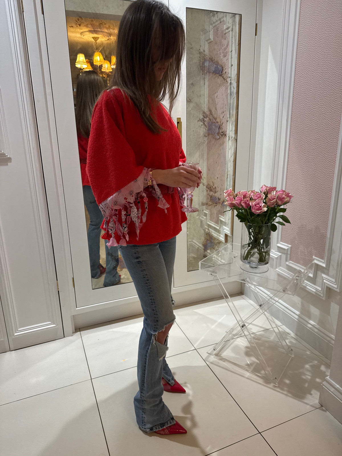 Red towelling beaded blouse ♥️💋