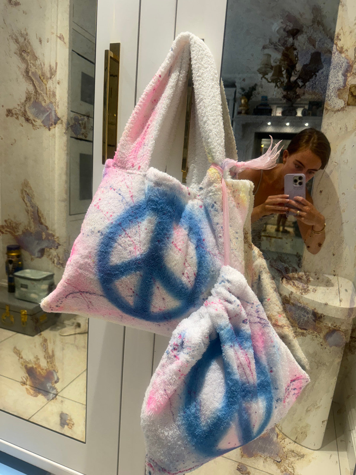 Towelling beach bag & pouch set 💘☮️✨