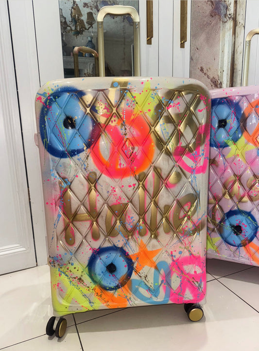 Large spray painted Grafiti cream suitcase 💗