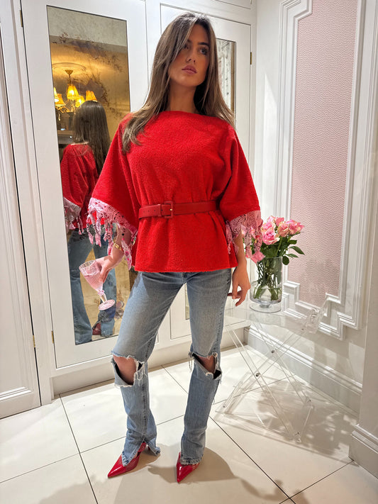 Red towelling beaded blouse ♥️💋