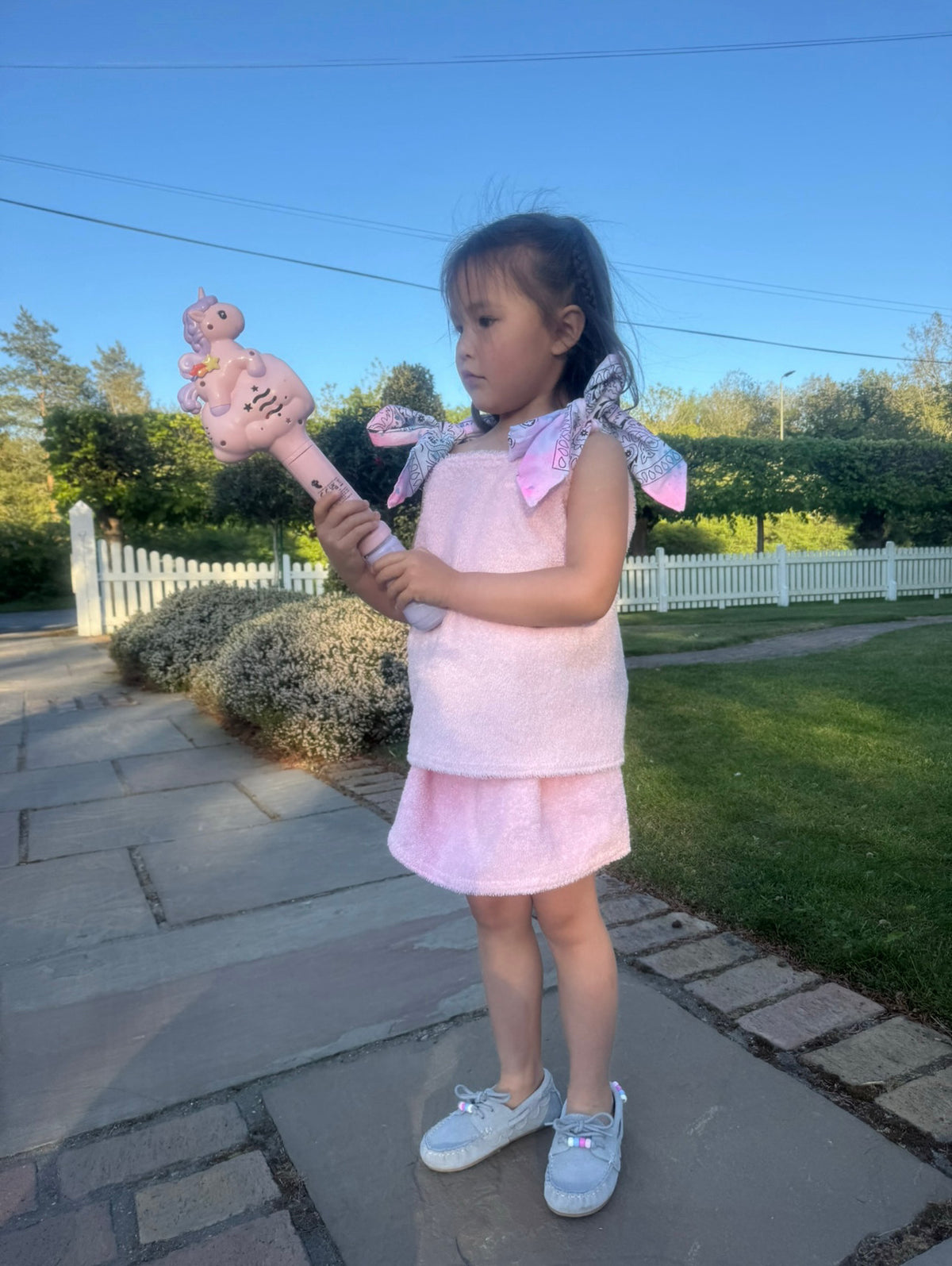 Baby pink children’s towelling skirt set with bandana ties 💘