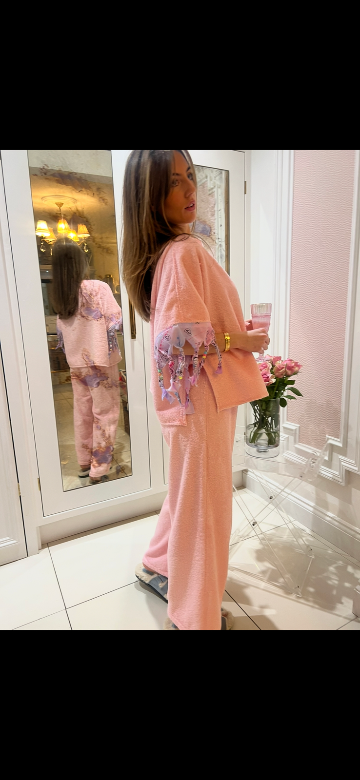 Pink toweling bandanna beads trouser set 💘👌🏼