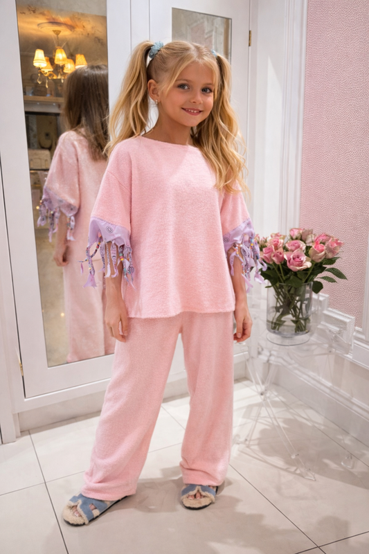 Children’s pink toweling bandanna beads set