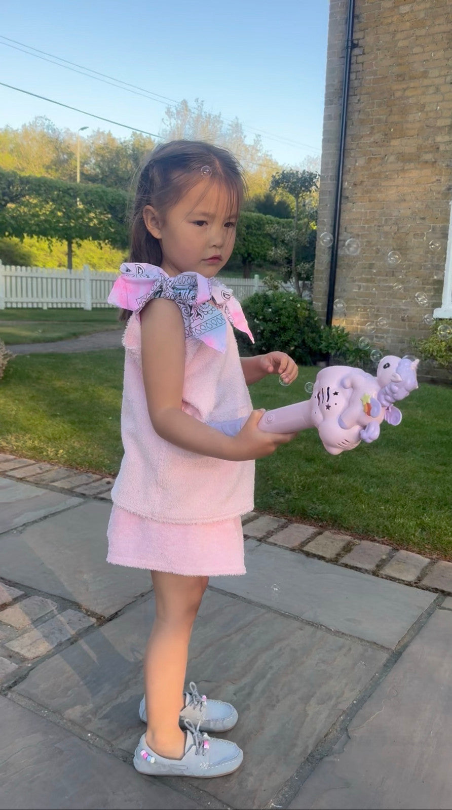 Baby pink children’s towelling skirt set with bandana ties 💘