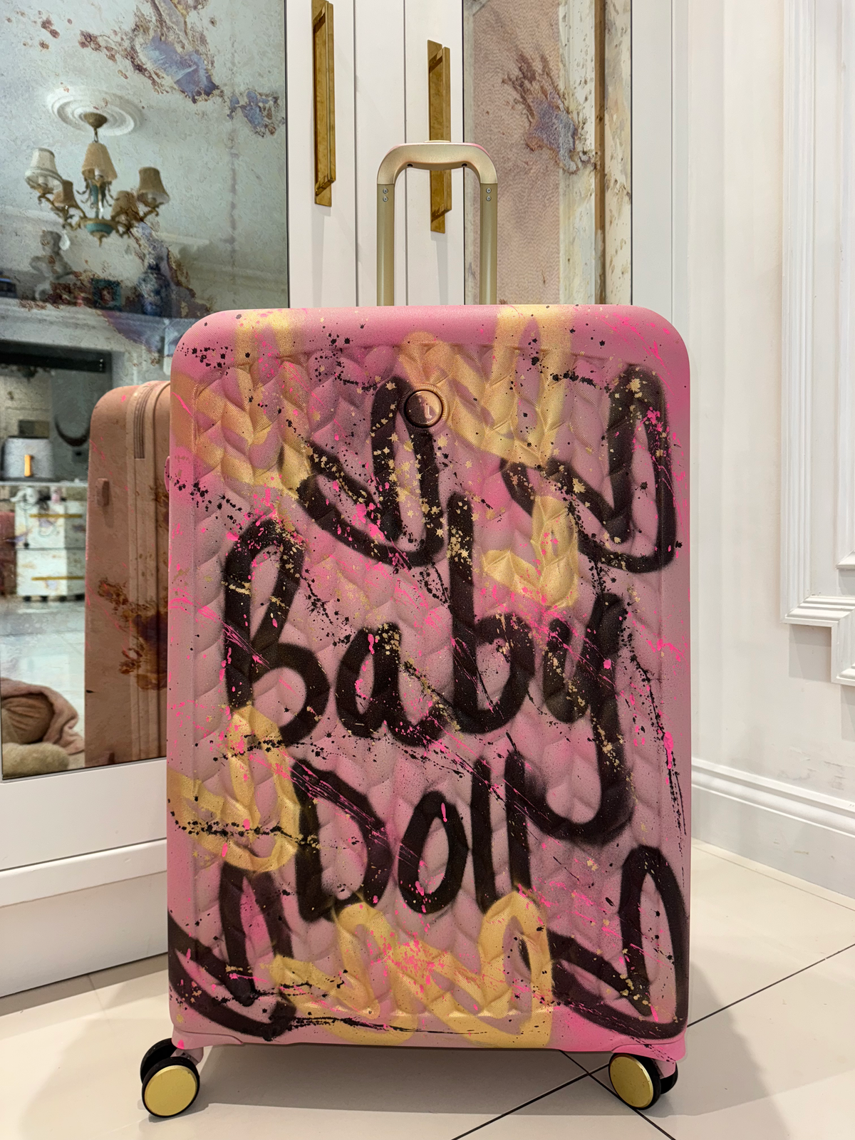 Baby pink large spray painted suitcase 🩷